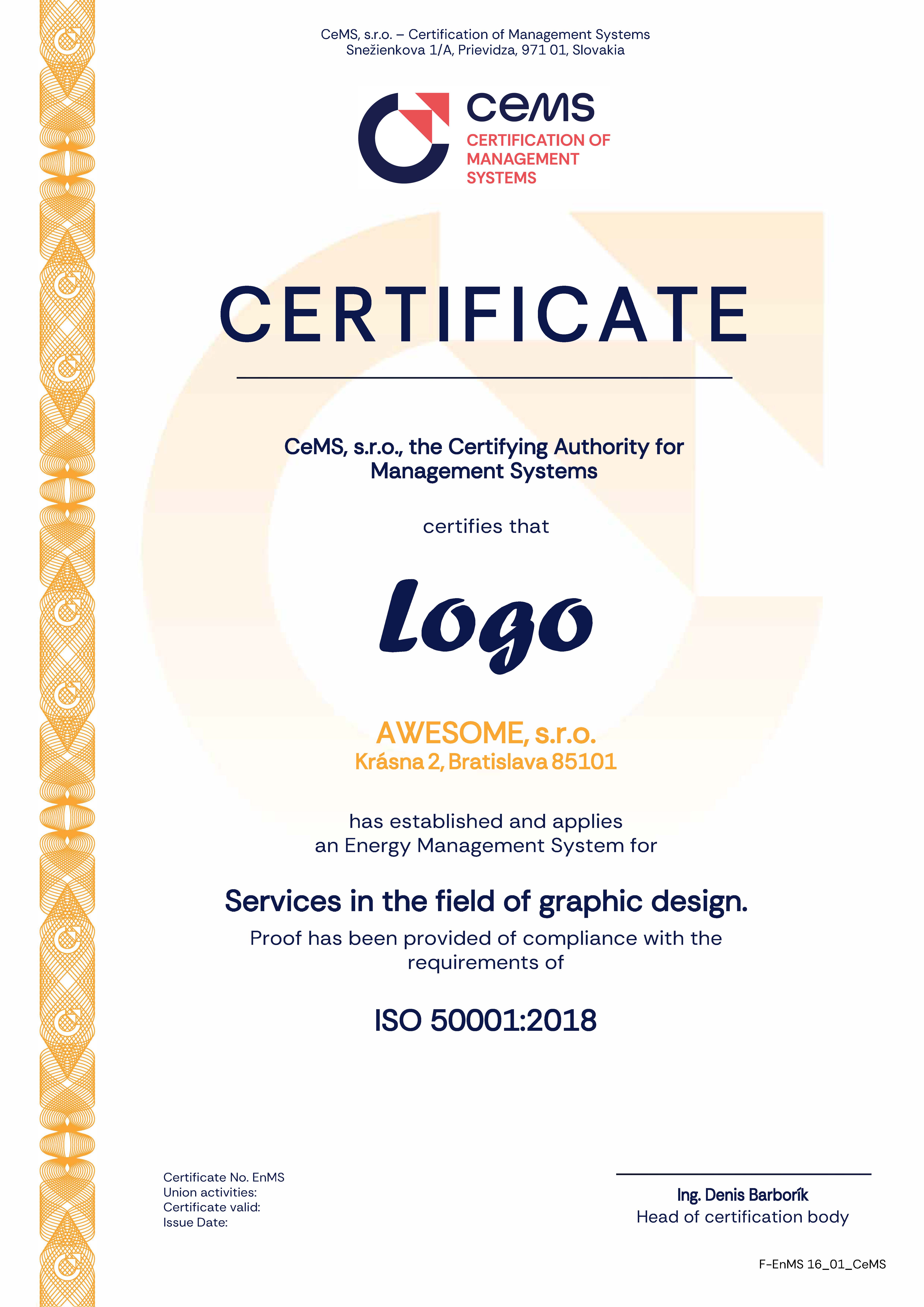 Certificate ISO 50001 by CeMS